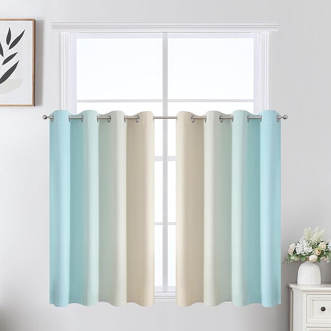 Estelar Textiler Beige and Aqua Ombre Short Blackout Cafe Curtains 36 Inch by ESTELARTEXTILER