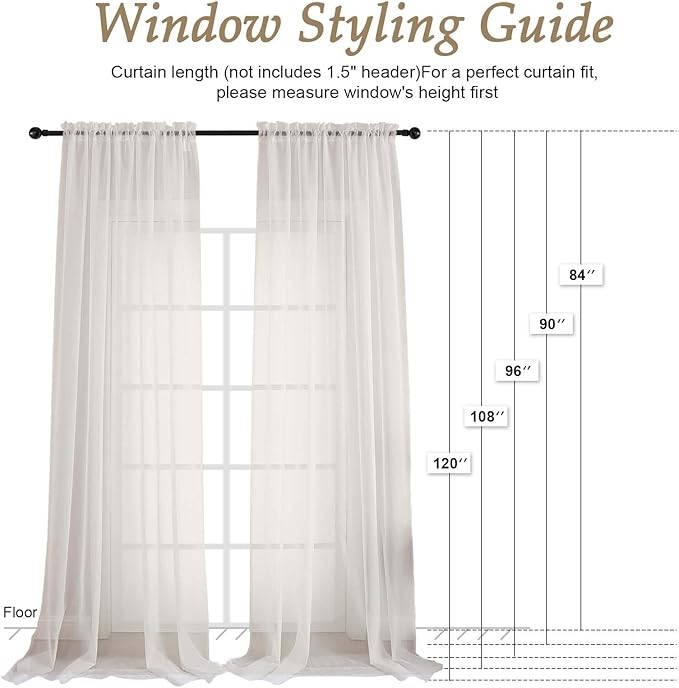 OVZME Ivory Sheer Curtains 108 Inches Long 2 Panels Set, Extra Wide Solid - Image 2