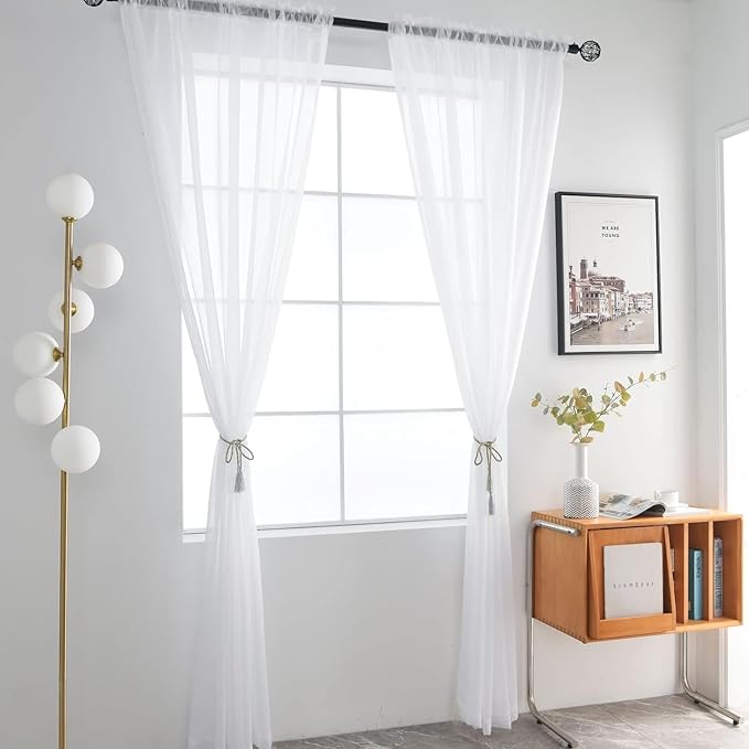 SpaceDresser Sheer White Curtains 4 Panels Rod Pocket Semi-Sheer Curtain 54 - Image 4