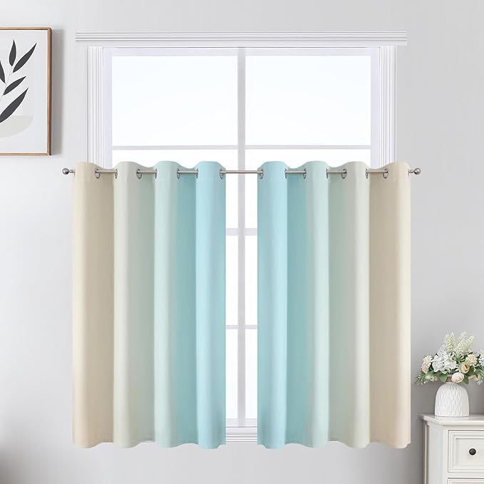 Estelar Textiler Beige and Aqua Ombre Short Blackout Cafe Curtains 36 Inch - Image 2