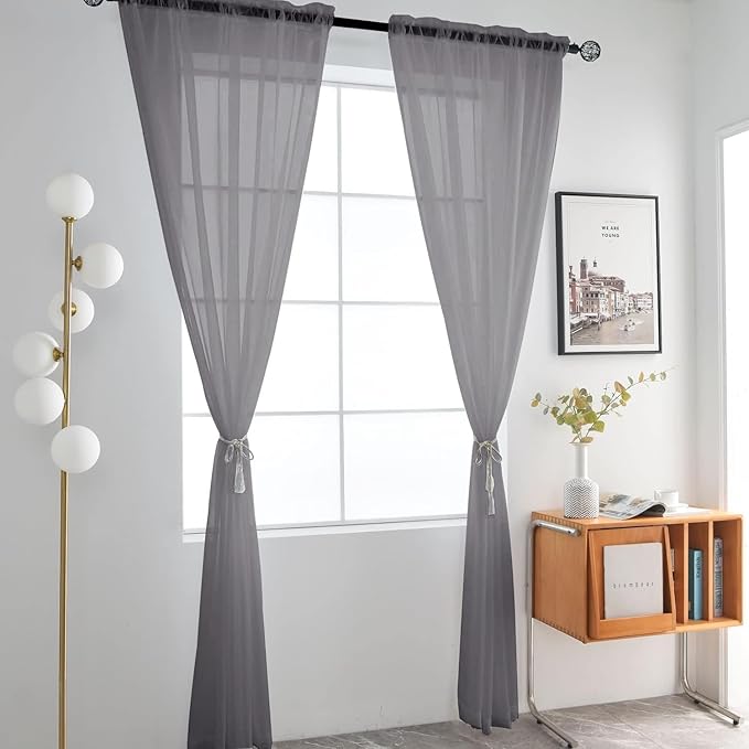 SpaceDresser Grey Sheer Curtains 4 Panels Rod Pocket Semi-Sheer Curtain 84 - Image 3