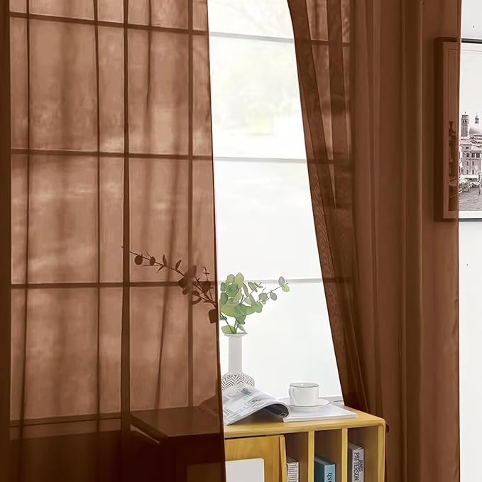 SpaceDresser Brown Sheer Curtains 4 Panels Rod Pocket Semi-Sheer Curtain 63 - Image 4
