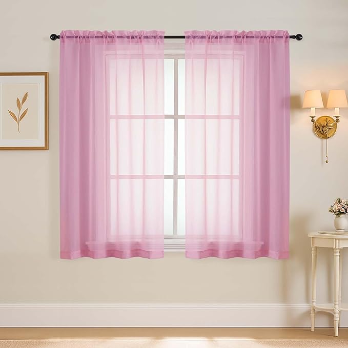 Light Pink Window Sheer Curtains 45 Inches Length, Voile Short Curtains by Home