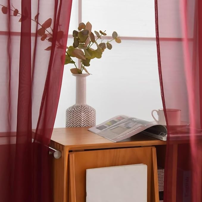 SpaceDresser Burgundy Sheer Curtains 4 Panels Rod Pocket Semi-Sheer Curtain 84 - Image 4