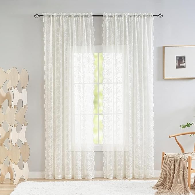 YJ YANJUN Vintage Lace Curtains Cottage Floral Cream Sheer 94 inch Curtains 2 - Image 3