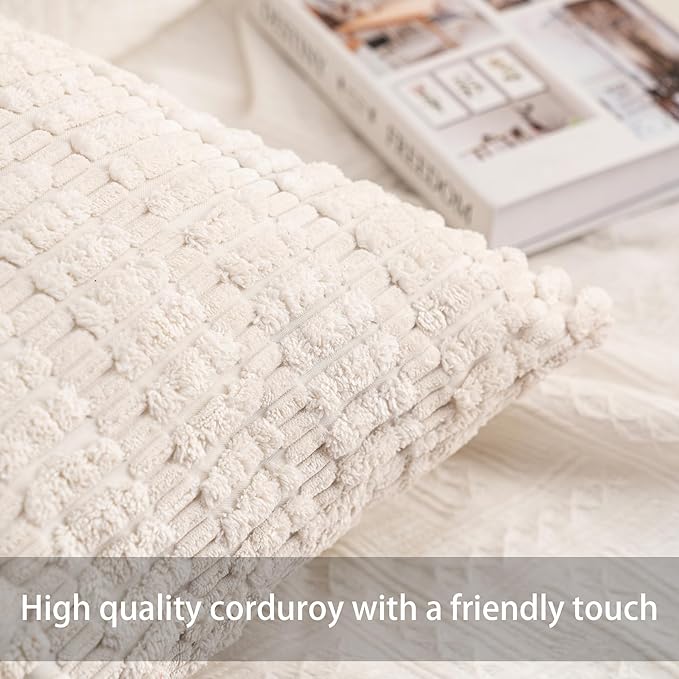 Pack of 2 Corduroy Decorative Throw Pillow Covers 18x18 Inch Soft Striped - Image 2