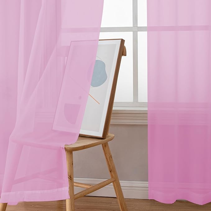 Simplebrand Pink Sheer Curtains 63 Inch Length 2 Panels, Rod Pocket Solid Color - Image 3