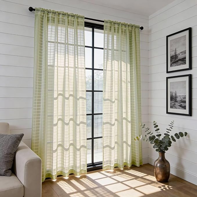 SpaceDresser Check Sheer Curtains 96 Inches 2 Panels Set, Rod Pocket Plaid - Image 4