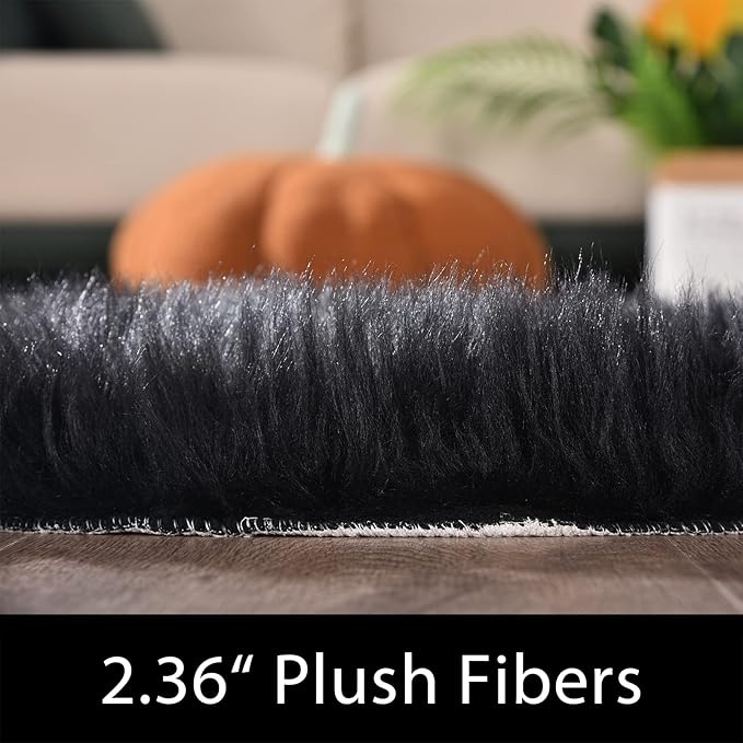 Latepis 9 x 12 Area Rug for Living Room Black Fur Faux Sheepskin Fluffy Rug for - Image 3