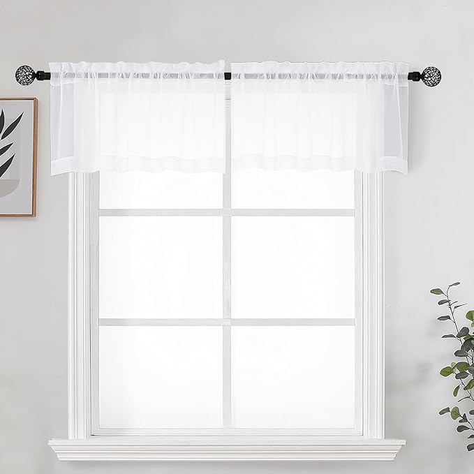 OWENIE White Sheer Curtains for Kitchen Valance Set of 2, Small Short Modern by OWENIE