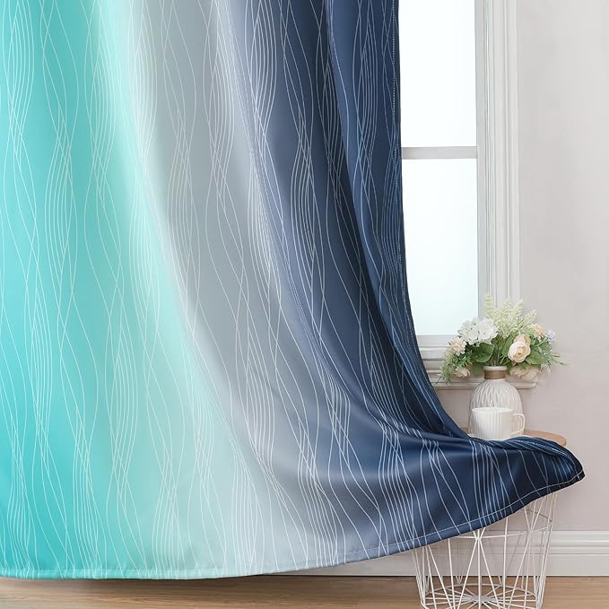 Estelar Textiler Navy Blue and Teal Gradient Blackout Curtains 102 Inches Long - Image 6