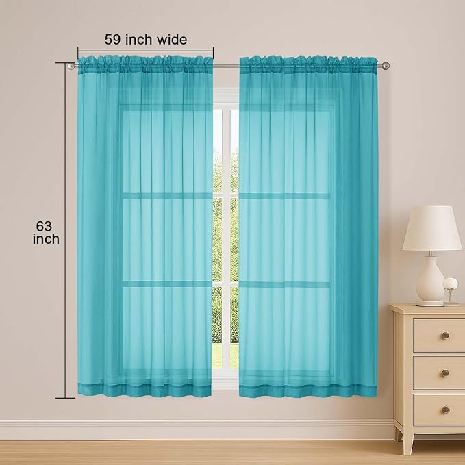 OWENIE Sheer Turquoise Curtains, Sheer Curtains 63 inch Length 2 Panels Set - Image 2