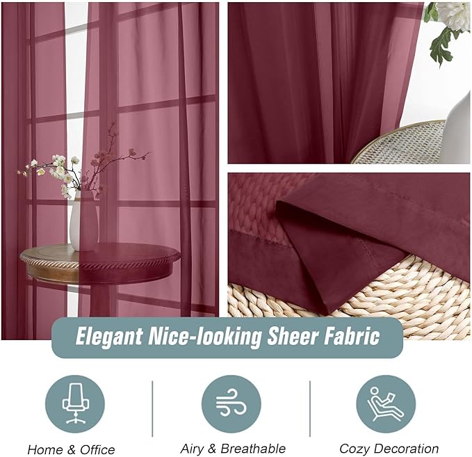 Burgundy Sheer Curtains for Window 72 inches Long 2 Panels, Soft Airy Light - Image 4