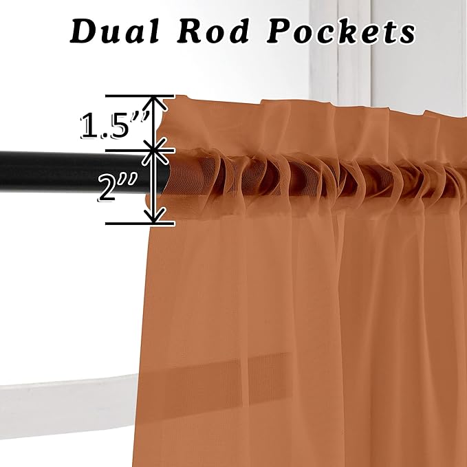 OVZME 2 Panels Solid Color Orange Sheer Curtains 96 Inches Long, Elegant Window - Image 3