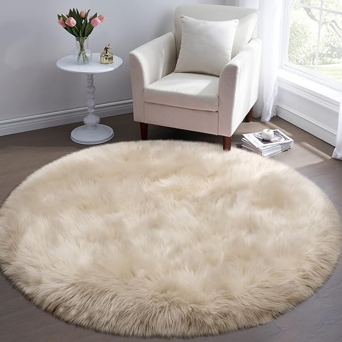 Fluffy Round Rug for Kids Room Beige Circle Faux Fur Area Rug for Bedroom - Image 2