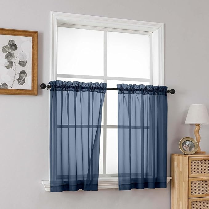 Navy Blue Small Sheer Curtains 2 Panels Set, Kitchen Curtains 36 Inch Length - Image 8