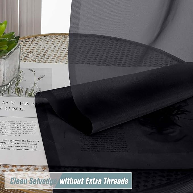 Black Sheer Curtains 90 Inches Long 2 Panels, Light Filtering Solid Sheer - Image 2