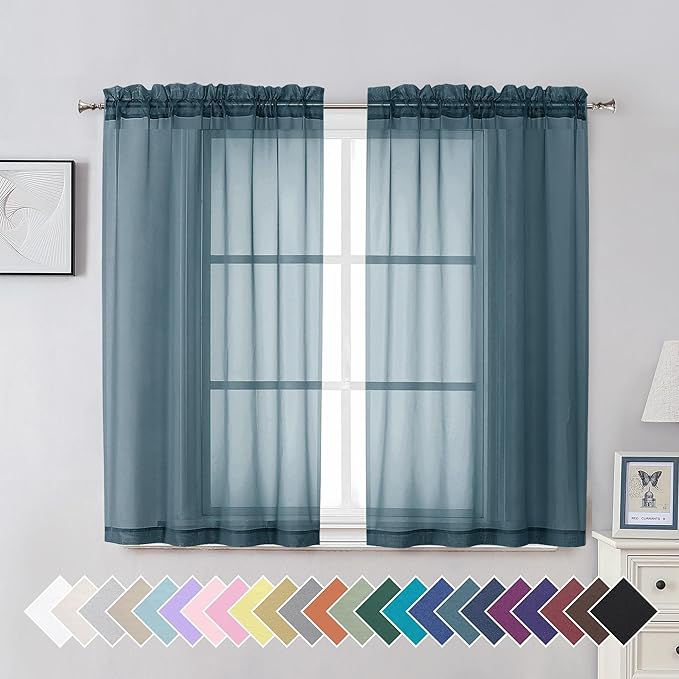 Aiyufeng Dusty Blue Sheer Curtains 45 inches Long, Short Kitchen Window by Aiyufeng