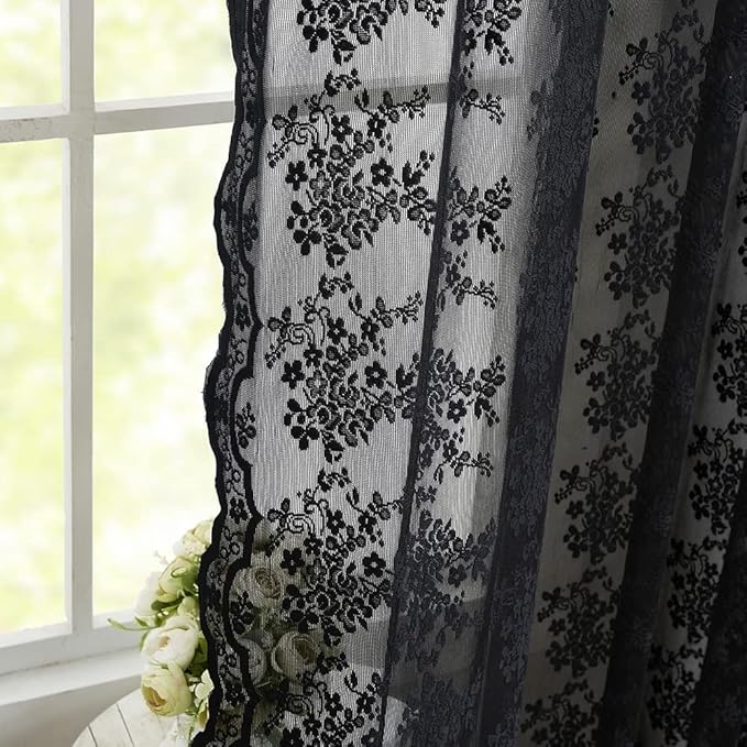 YJ YANJUN Vintage Lace Curtains 108 Inches Long- Victorian Floral Pattern Black - Image 5