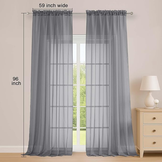 OWENIE Extra Long Grey Sheer Curtains 96 Inches Long 2 Panels Set, Soft - Image 2