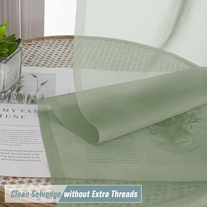 Sage Green Sheer Curtains for Window 96 Inches Long 2 Panels, Soft Airy Light - Image 2