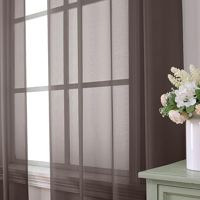 Aiyufeng Chocolate Sheer Curtains 63 Inches Long 2 Panels, Solid Voile Top Dual - Image 2