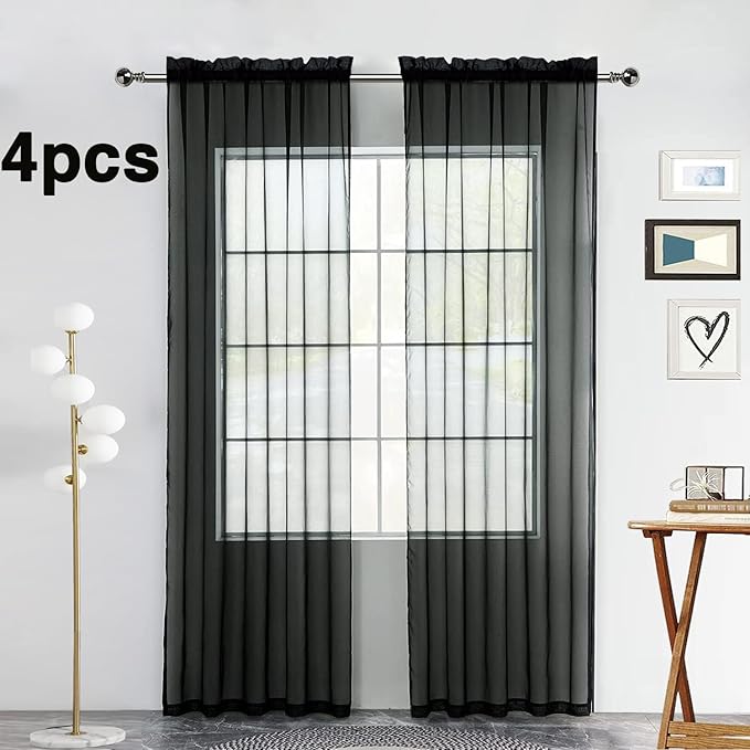 SpaceDresser Black Sheer Curtains 4 Panels Rod Pocket Semi-Sheer Curtain 108 - Image 2