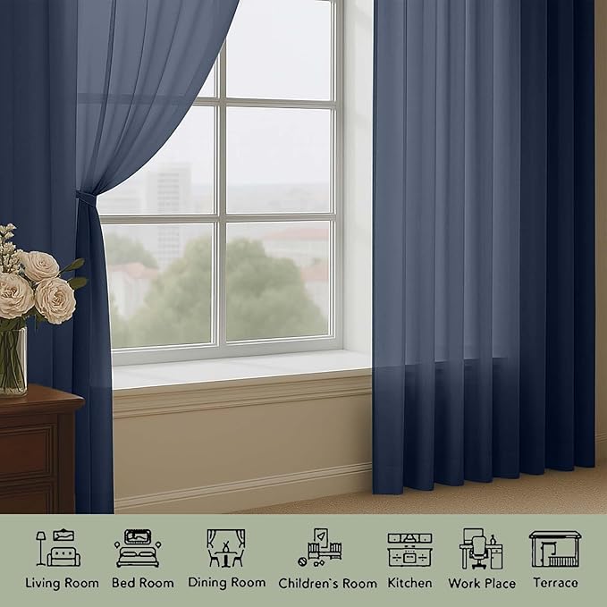 OWENIE Sheer Navy Blue Curtains, Sheer Curtains 63 inch Length 2 Panels Set - Image 3