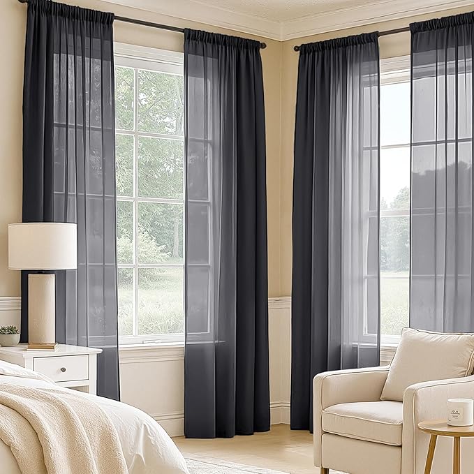 MIULEE Black Sheer Curtains 102 Inches Long 4 Panels Set, Light Filtering Rod - Image 2