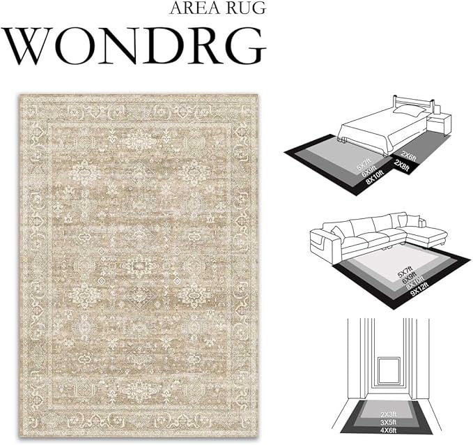 3x5 Washable Area Rug for Entryway Vintage Beige Non Slip Low Pile Carpet - Image 2