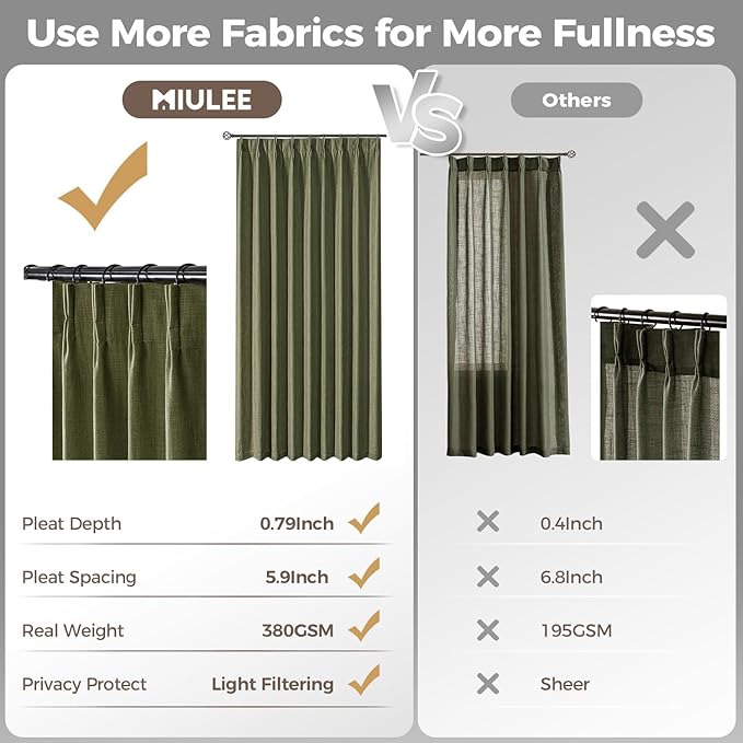 MIULEE Pinch Pleated Thick Linen Curtains 108 Inches Length 2 Panels - Image 6