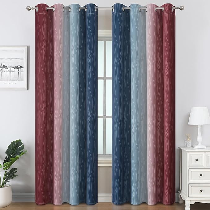 Estelar Textiler Navy Blue and Burgundy Red Ombre Blackout Curtains 96 Inch - Image 2