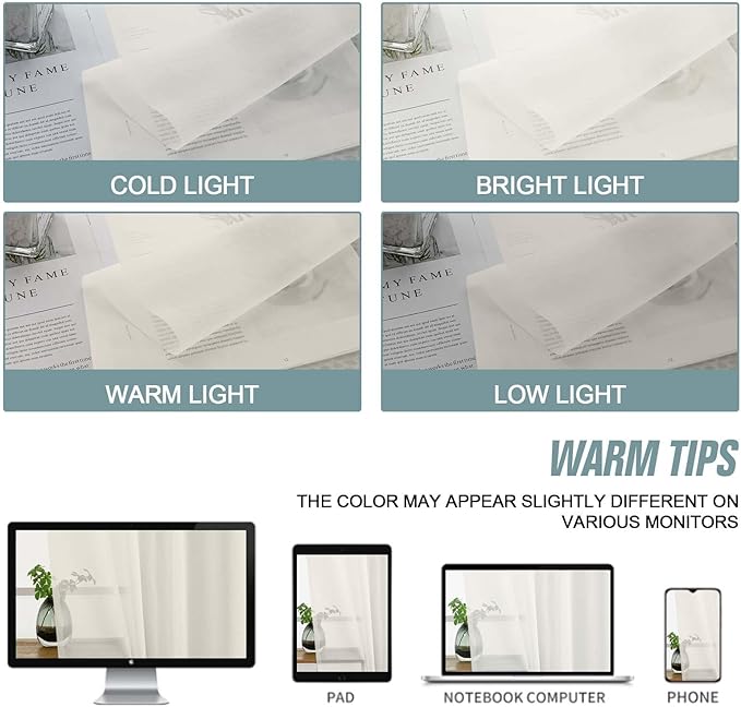 Ivory Sheer Curtains 63 Inch Length 2 Panels, Voile Sheer Curtain - Image 6