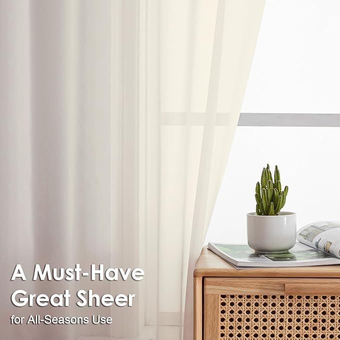 OVZME Cream Sheer Curtains 90 Inches Long 2 Panels - Image 3
