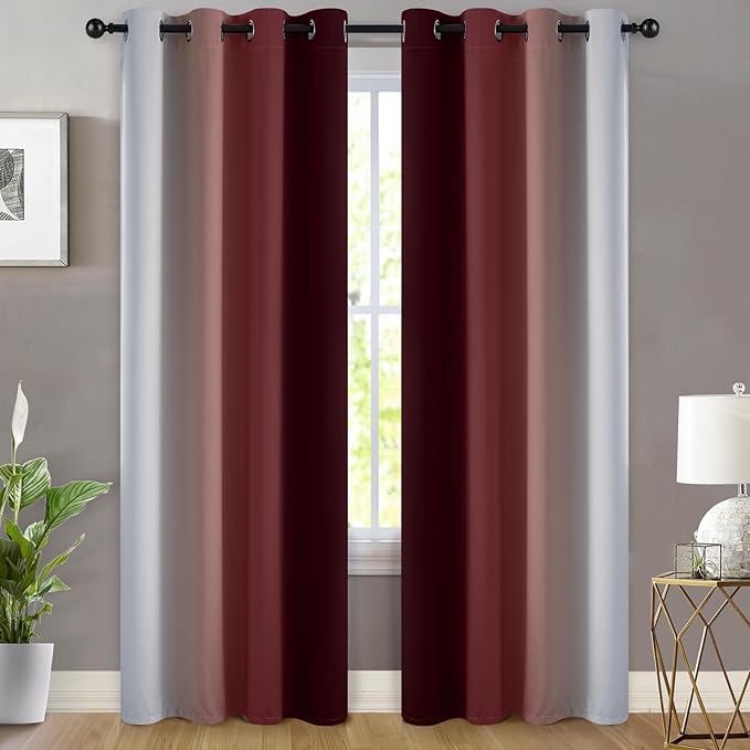 Yakamok Red and Greyish White Ombre Curtains, Room Darkening Gradient Color - Image 2