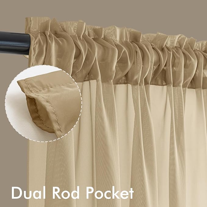 MIULEE Beige Sheer Curtains 90 Inches Long, 4 Panels Set, Rod Pocket Voile - Image 3