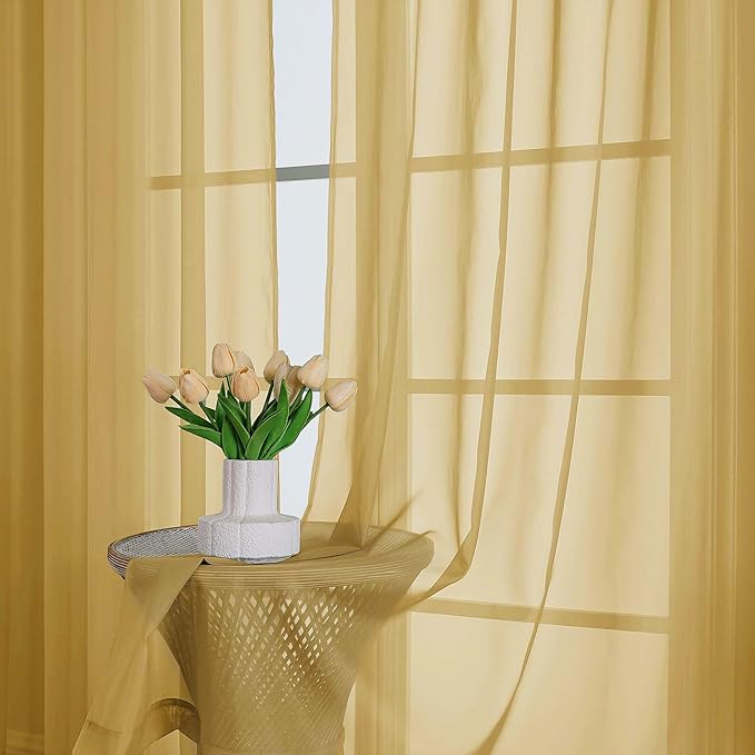 Chyhomenyc Gold Sheer Curtains 84 Inches Long 2 Panels, Light Filtering Gold - Image 2