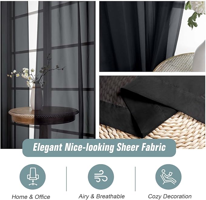 Black Sheer Curtains 216 Inches Long, Extra Long Elegant Light Filtering Voile - Image 4