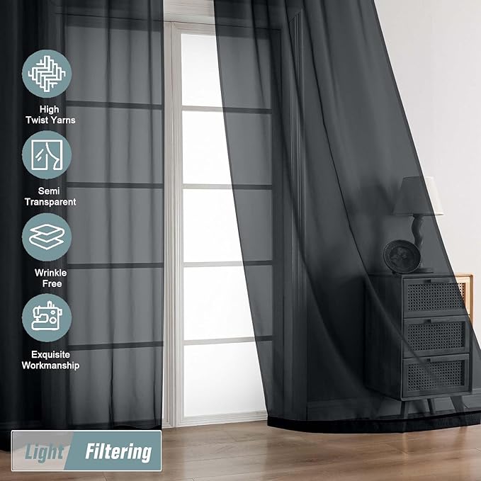 Black Sheer Curtains 216 Inches Long, Extra Long Elegant Light Filtering Voile - Image 5