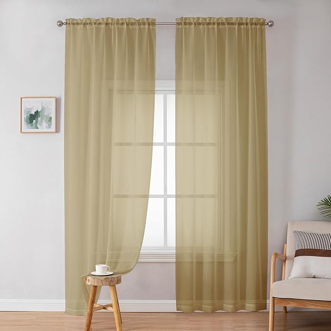 OWENIE Gold Sheer Curtains 84 Inch Length 2 Panels Set, Light Filtering Voile - Image 2