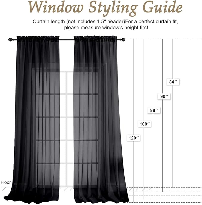 OVZME Black Sheer Curtains 108 Inches Long 2 Panels Set, 59 Inch Extra Wide - Image 2