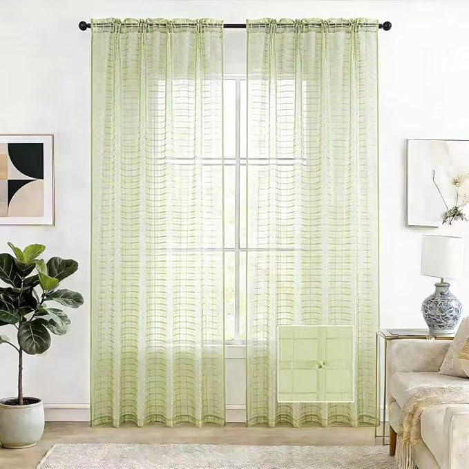 SpaceDresser Check Sheer Curtains 96 Inches 2 Panels Set, Rod Pocket Plaid by SpaceDresser