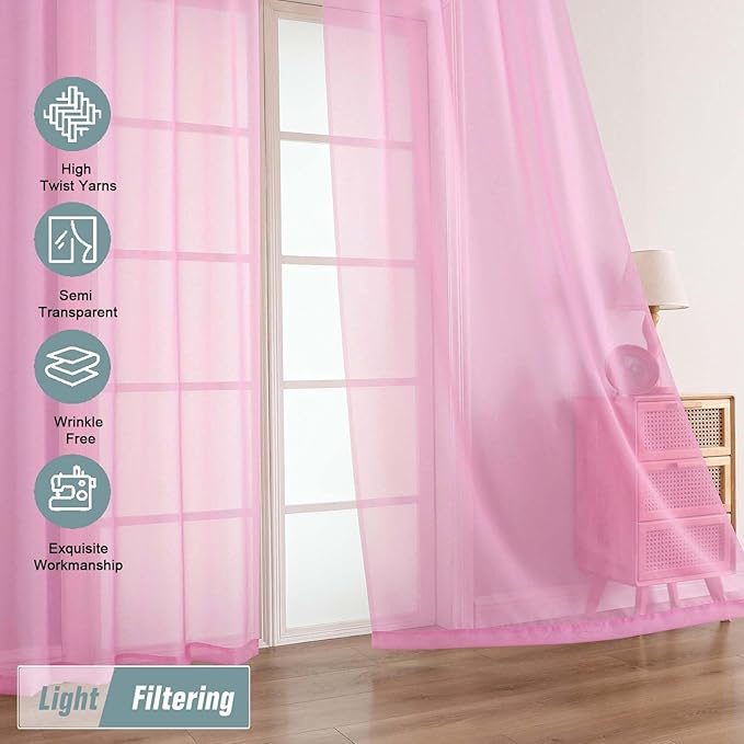 Light Pink Sheer Curtains 63 Inch Length 2 Panels, Voile Sheer Curtain - Image 5