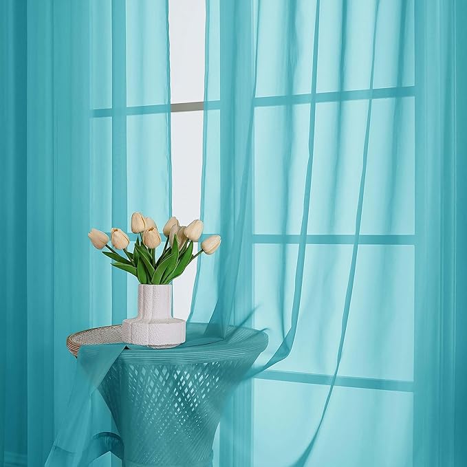 OVZME Turquoise Sheer Curtains 72 Inches Long 2 Panels Set, Light Filtering - Image 6