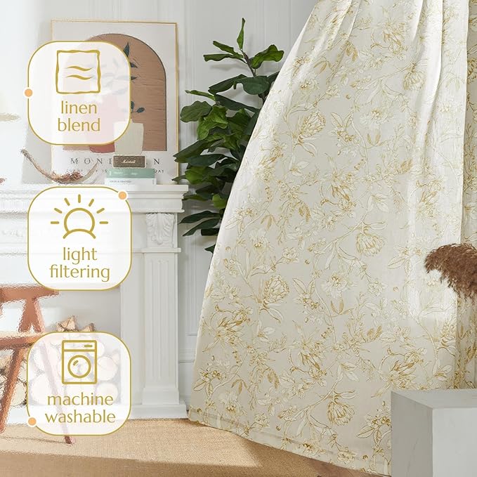 jinchan Floral Curtains 108 Inch Length Mustard Yellow Flower Linen Farmhouse - Image 7