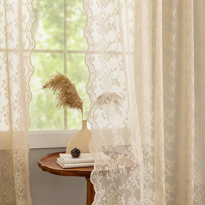 YJ YANJUN Vintage Lace Curtains 63 Inch Length Antique Chic Floral Beige Sheer - Image 2