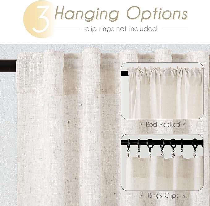 Cream Natural Linen Curtains 80 inch Length 2 Panels Set Neutral Rustic - Image 2