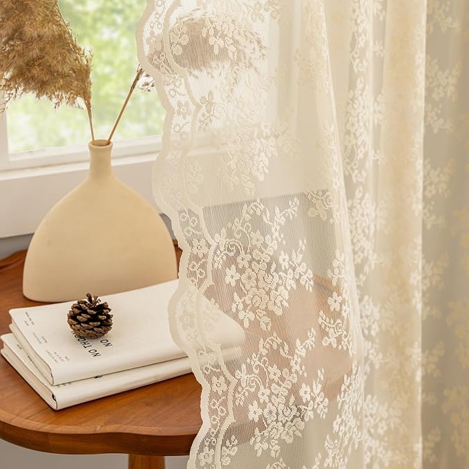 YJ YANJUN Vintage Lace Curtains 84 Inches Long-Retro Floral Beige Sheer Curtain by YJYANJUN