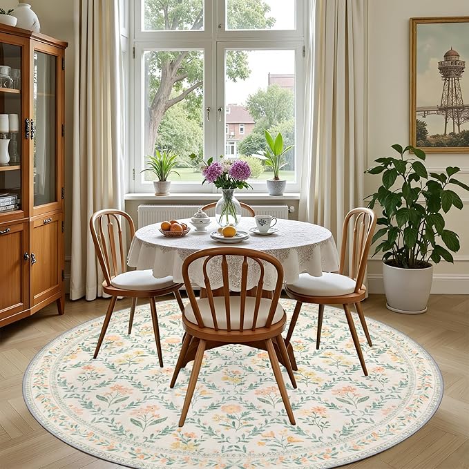 Round Area Rug for Living Room: 6 ft Floral Washable Circle Rug Soft Non-Slip - Image 4