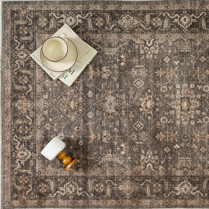 2x10 Washable Runner Rug for Hallway Kitchen Vintage Brown Non Slip Low Pile - Image 9